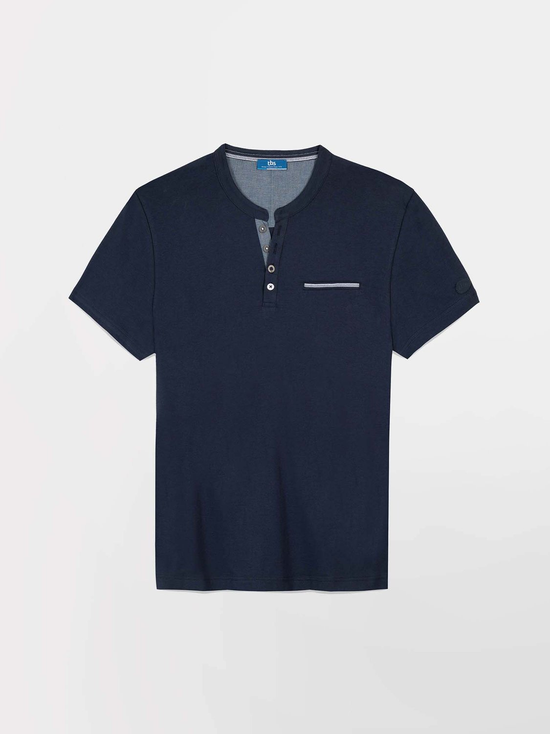 Tee Shirt Homme Col Tunisien Marine - 2