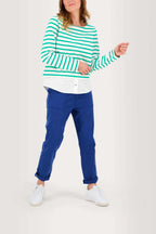 Sweat Femme Marinière Coton Blanc et Vert - 1