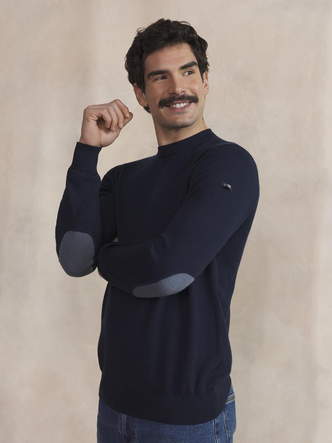 Pull Homme Col Rond Laine Coton Marine - 5