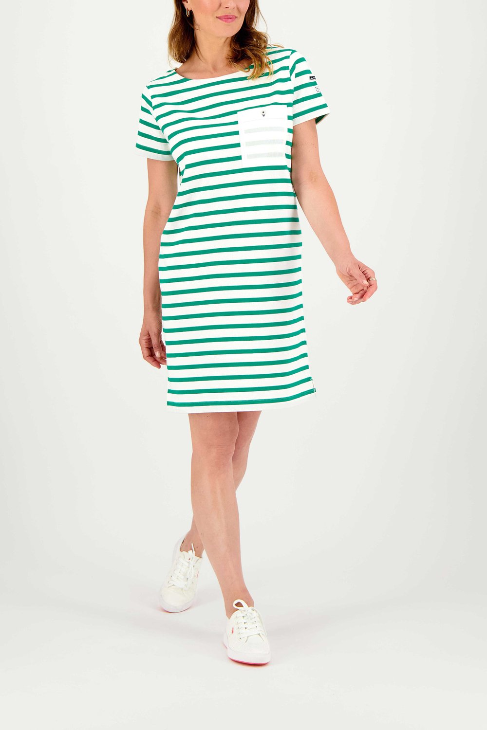 Robe Femme Coton Marinière Blanc et Vert - 1
