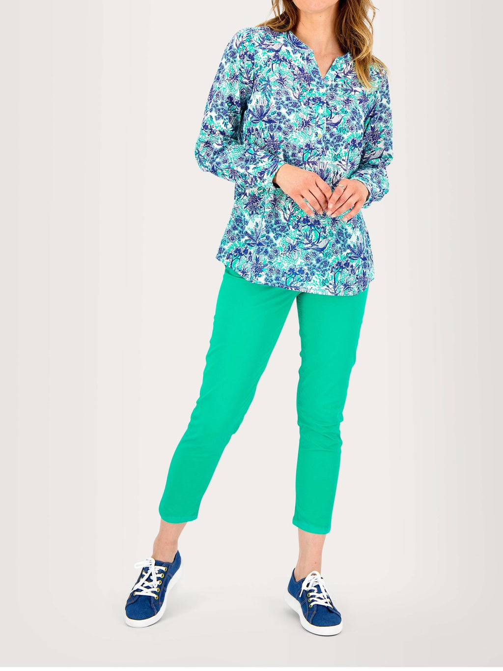 Tunique Femme Toile Coton Motif Floral Bleu et Vert - 1