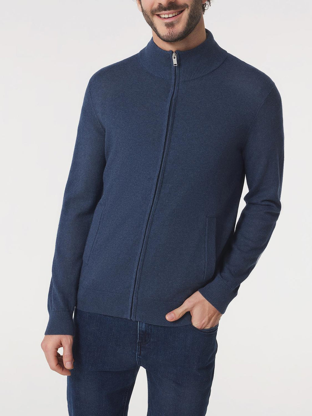 Gilet Homme Zippé Laine Coton Bleu - 1